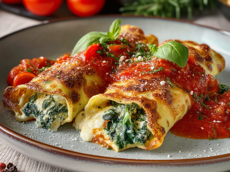 Zwei Crespelle mit Spinat-Ricottafüllung auf einem grauen Teller. Sie sind mit etwas Tomatensoße übergossen und mit frischen Basilikum serviert. Vor dem Teller liegen einige Pfefferkörner. Im Hintergrund sieht man Tomaten und frische Kräuter.