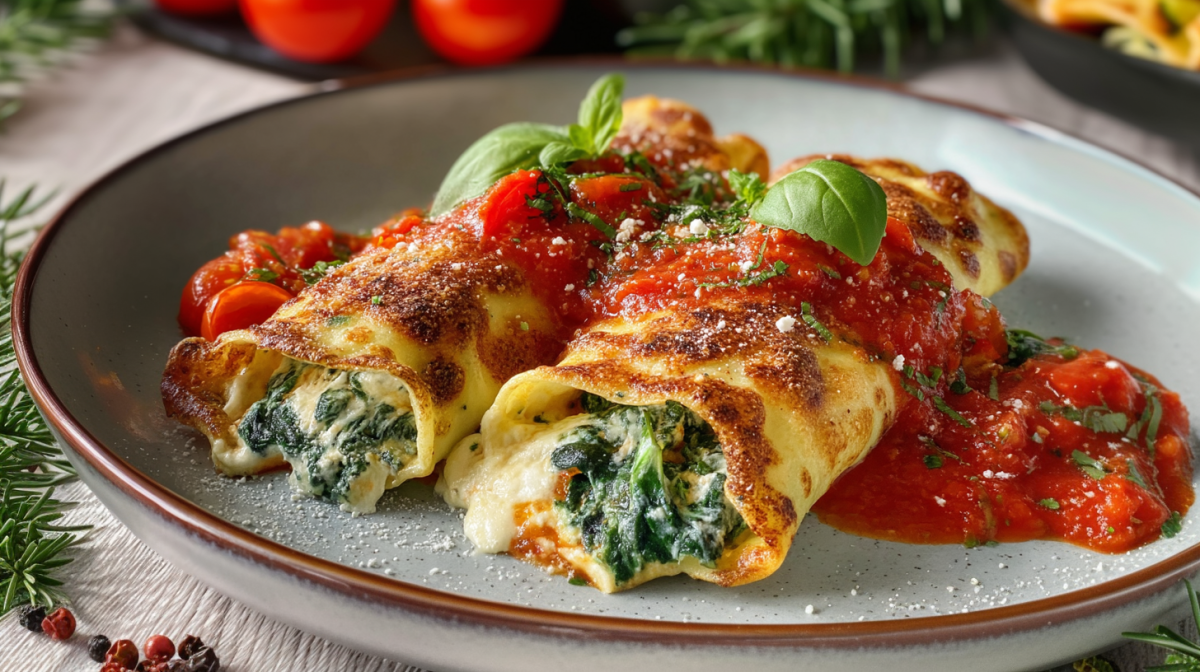 Zwei Crespelle mit Spinat-Ricottafüllung auf einem grauen Teller. Sie sind mit etwas Tomatensoße übergossen und mit frischen Basilikum serviert. Vor dem Teller liegen einige Pfefferkörner. Im Hintergrund sieht man Tomaten und frische Kräuter.