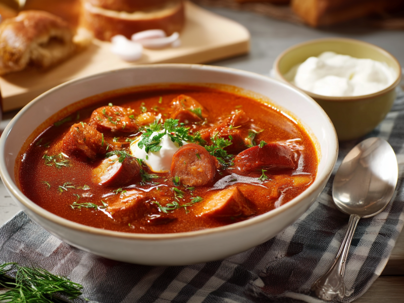 Eine Schüssel mit Currywurstsuppe steht auf einem Tuch auf einem Holztisch. Links im Bild steht ein Glas mit Öl, im Hintergrund sieht man etwas Brot. Rechts neben der Schüssel steht ein Schälchen mit Schmand, ein Löffel sowie zwei rote Zwiebeln. Vor der Schale liegen ein paar frische Kräuter.