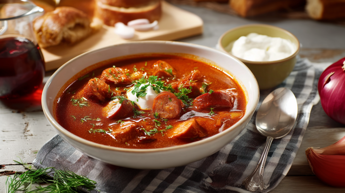 Eine Schüssel mit Currywurstsuppe steht auf einem Tuch auf einem Holztisch. Links im Bild steht ein Glas mit Öl, im Hintergrund sieht man etwas Brot. Rechts neben der Schüssel steht ein Schälchen mit Schmand, ein Löffel sowie zwei rote Zwiebeln. Vor der Schale liegen ein paar frische Kräuter.