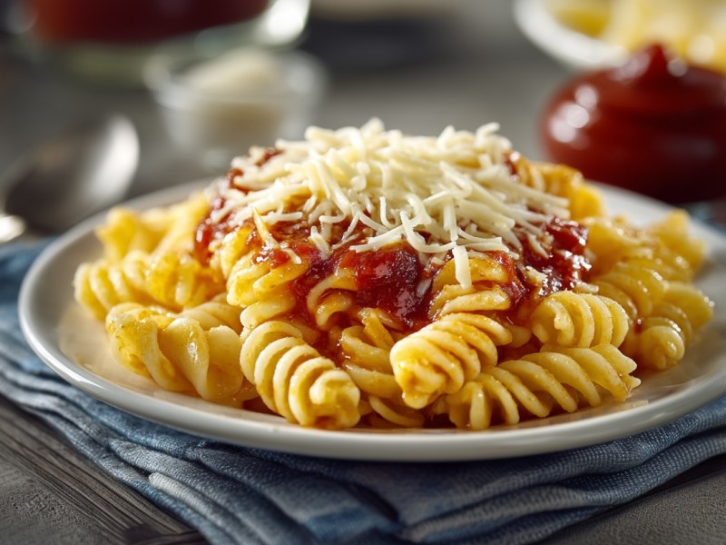 Ein Teller Fussili mit DDR-Tomatensoße und geriebenem Käse, der auf einer Serviette steht. Daneben ein Löffel.
