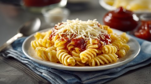 Ein Teller Fussili mit DDR-Tomatensoße und geriebenem Käse, der auf einer Serviette steht. Daneben ein Löffel.