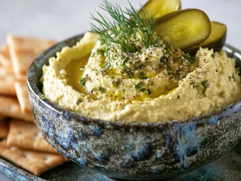 Eine Schale Dillgurken-Hummus. Dahinter liegen Cracker.