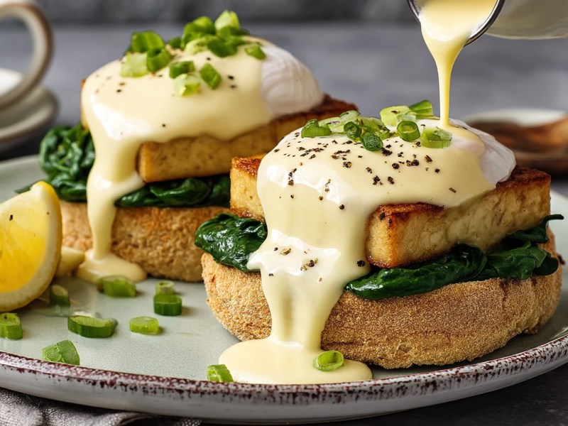 Zwei vegane Eggs Benedict mit Sauce hollandaise auf einem Teller.