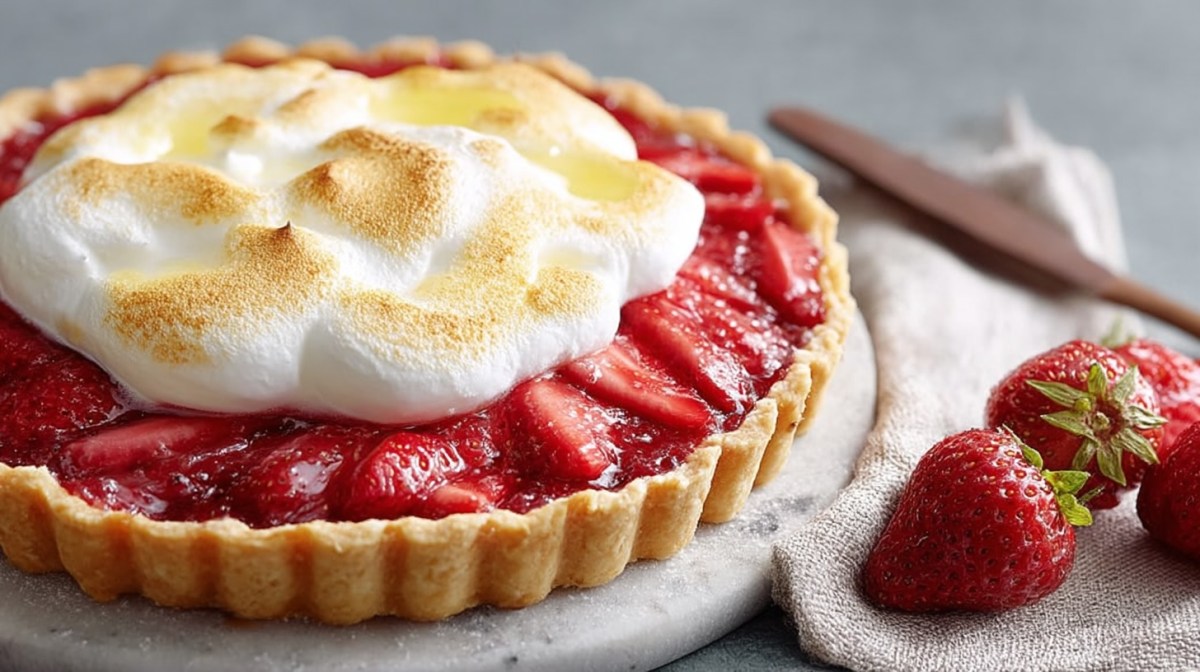 Eine Erdbeer-Baiser-Tarte auf einem Teller, daneben frische Erdbeeren und eine Serviette aus Stoff.