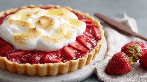 Eine Erdbeer-Baiser-Tarte auf einem Teller, daneben frische Erdbeeren und eine Serviette aus Stoff.
