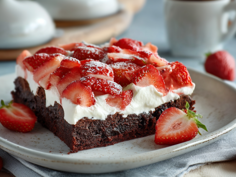 Ein Stück Erdbeer-Brownie-Kuchen auf einem grauen Teller. Drumherum liegen ein paar Erdbeeren verteilt. Im Hintergrund sieht man kleine Speiseglocken und eine Tasse stehen.