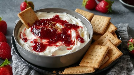 Eine Schüssel mit Erdbeer-Cheesecake-Dip, der mit Keksen serviert wird. Ringsum liegen frische Erdbeeren verteilt.