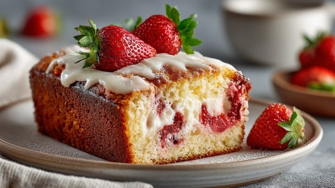 Ein angeschnittener Erdbeer-Cheesecake aus der Kastenform, garniert mit frischen Erdbeeren und Frischkäse-Topping.
