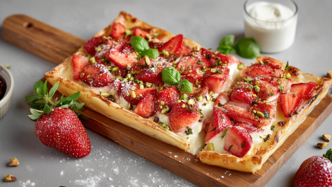 Ein Holzbrett mit einem süßen Erdbeer-Flammkuchen, der mit gehackten Pistazien und frischem Basilikum garniert ist. Im Hintergrund ist eine Schale mit Joghurt zu sehen. Ringsum liegen Erdbeeren verstreut.