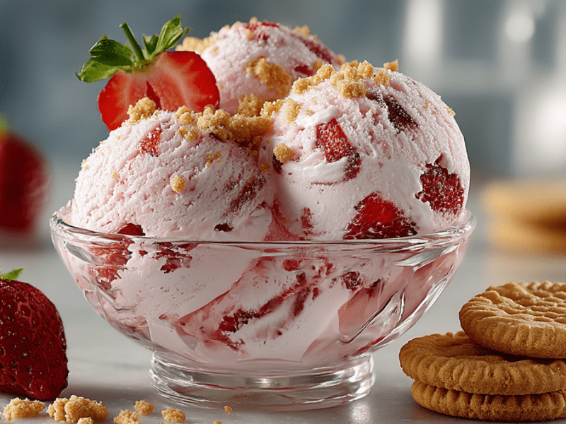 Eine Glasschale mit mehreren Kugeln Erdbeer-Frischkäse-Eis, die mit Kekskrümeln und einer Erdbeerscheibe garniert sind. Ringsum liegen einzelne Erdbeeren und Kekse verteilt.