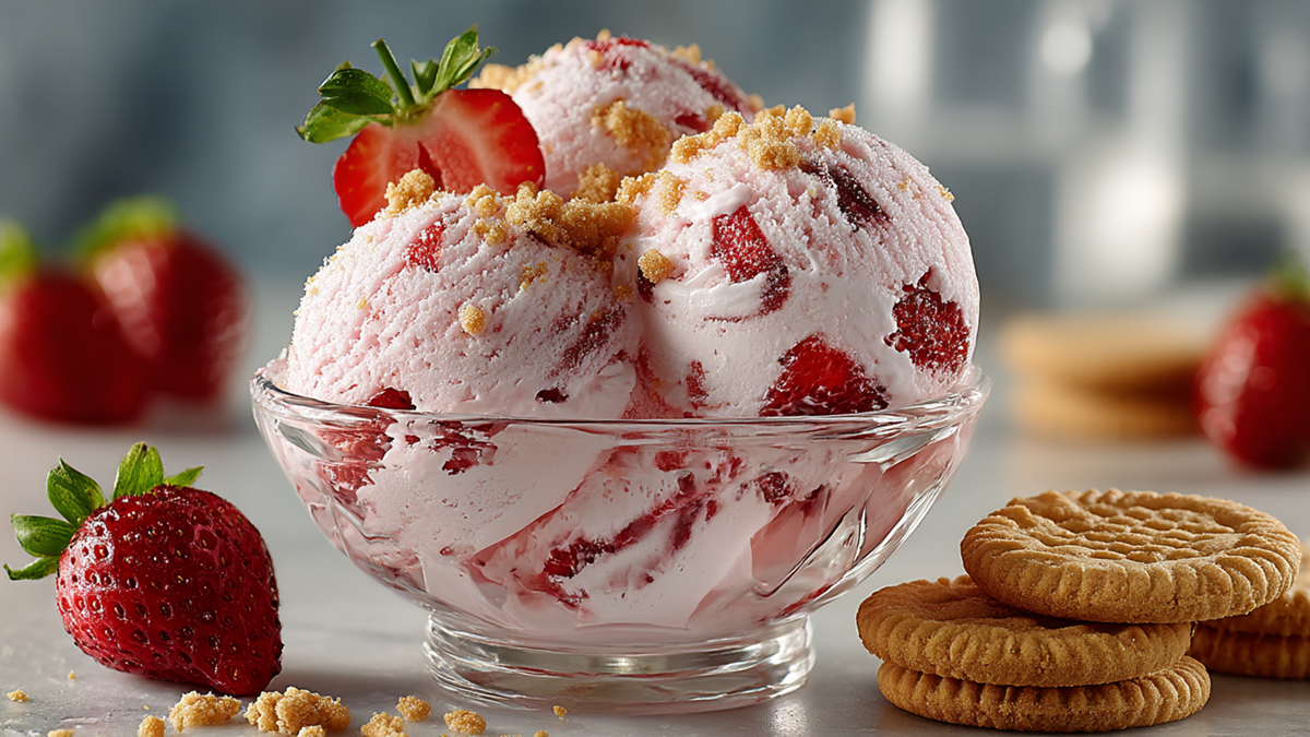 Eine Glasschale mit mehreren Kugeln Erdbeer-Frischkäse-Eis, die mit Kekskrümeln und einer Erdbeerscheibe garniert sind. Ringsum liegen einzelne Erdbeeren und Kekse verteilt.