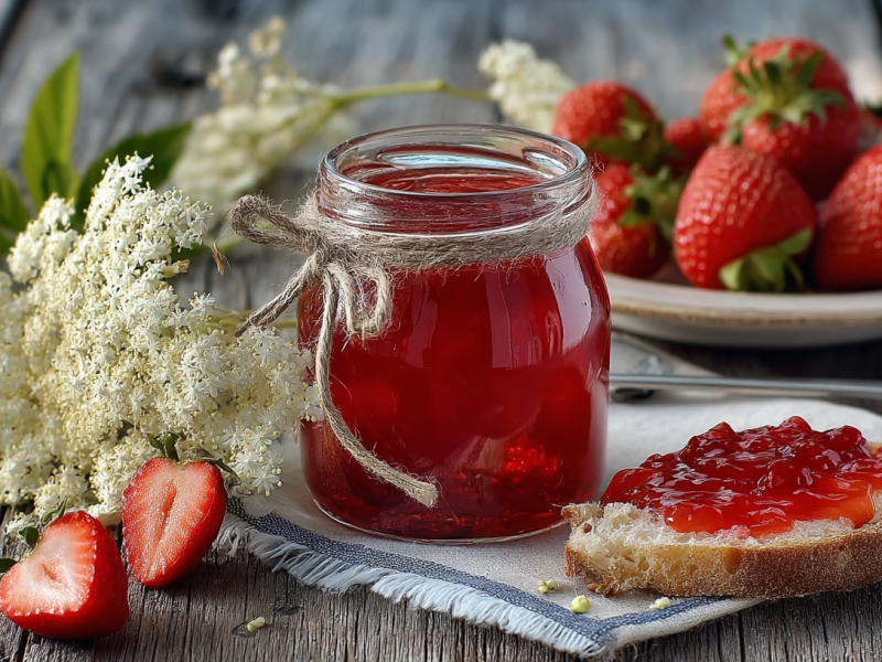 Ein Glas mit Erdbeer-Holunderblüten-Marmelade