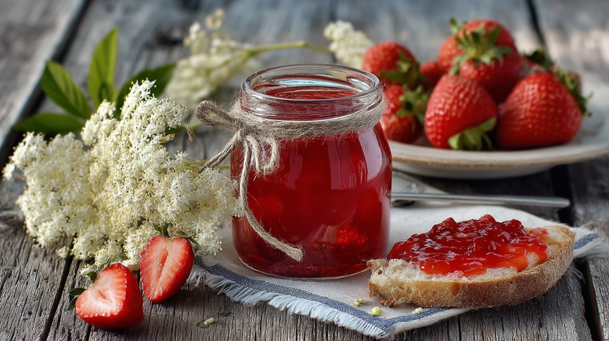 Ein Glas mit Erdbeer-Holunderblüten-Marmelade