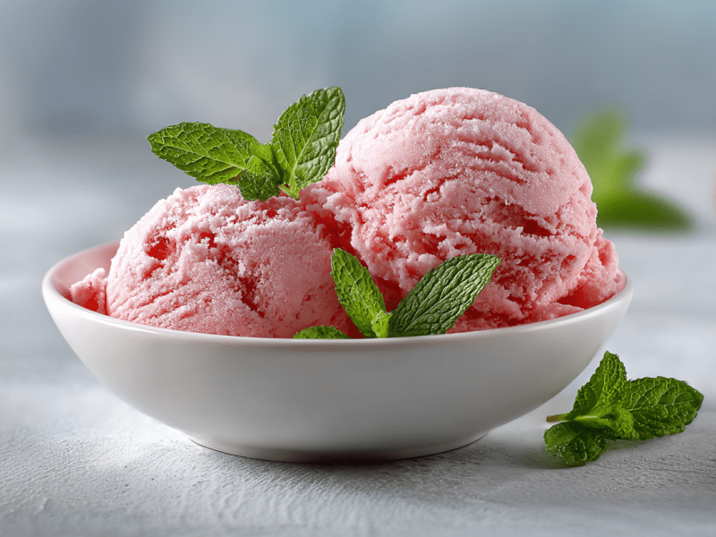 Zwei Kugeln Erdbeer-Minz-Eis in einer weißen Schale. Sie sind mit frischen Minzblättern garniert. im Hintergrund sieht man etwas Minze sowie eine Erdbeere.