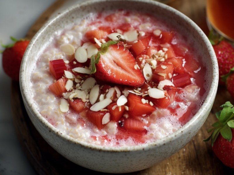 Eine Schüssel Erdbeer-Rhabarber-Porridge mit Mandeln.