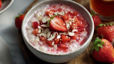 Eine Schüssel Erdbeer-Rhabarber-Porridge mit Mandeln.