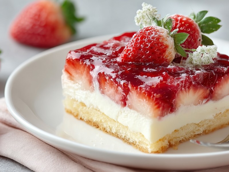 Ein Stück Erdbeer-Schmandkuchen vom Blech auf einem Teller, daneben eine Gabel und frische Erdbeeren.