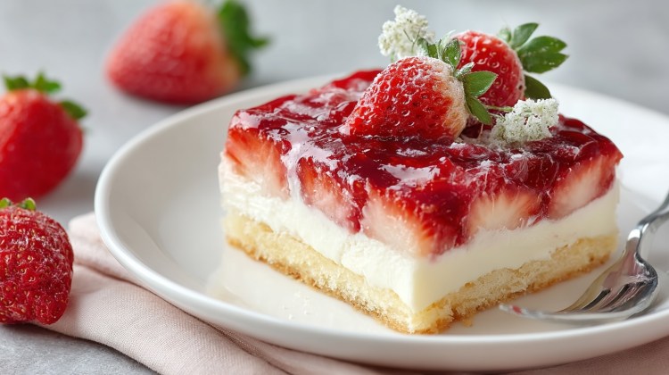 Ein Stück Erdbeer-Schmandkuchen vom Blech auf einem Teller, daneben eine Gabel und frische Erdbeeren.