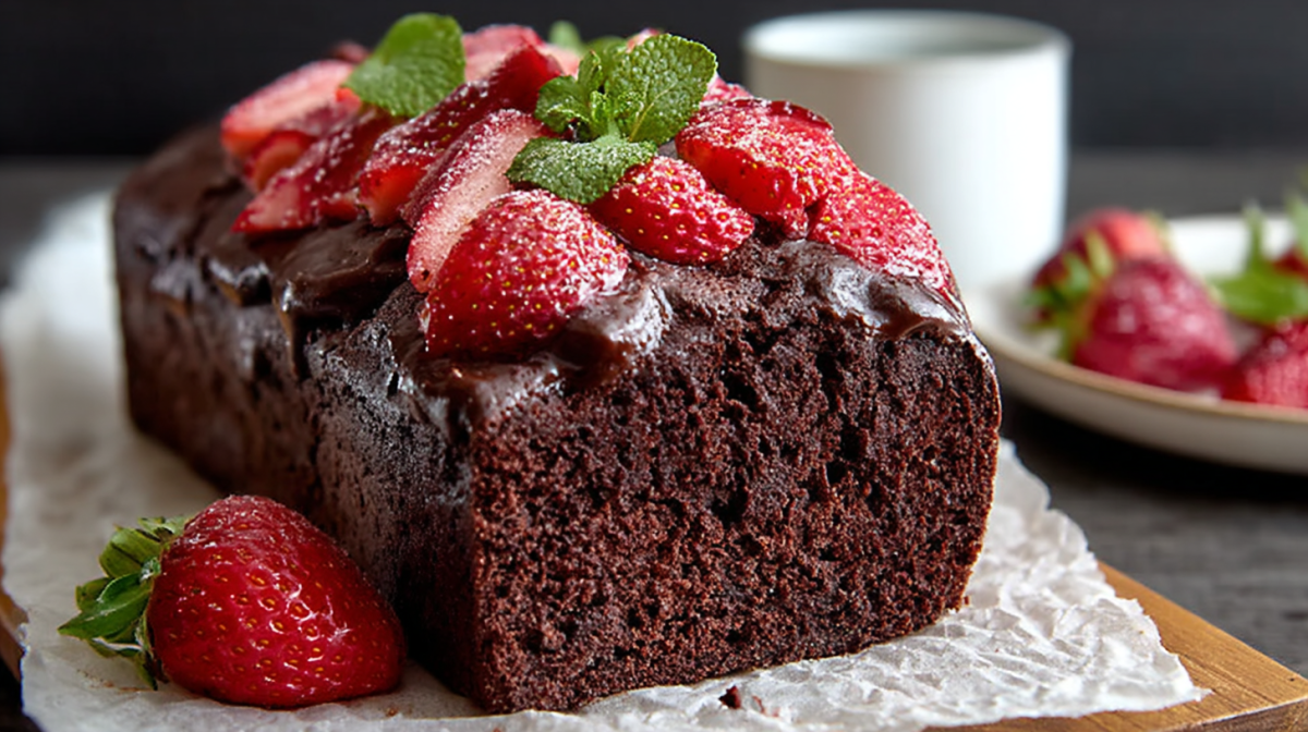 Erdbeer-Schokokuchen aus der Kastenform, garniert mit Erdbeeren und Minzblättern.