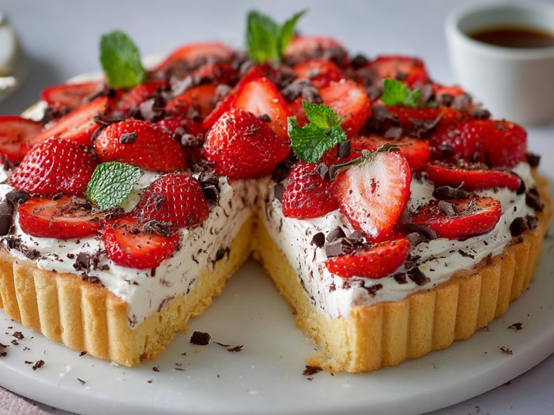 Tortenplatte mit angeschnittener Erdbeer-Stracciatella-Torte