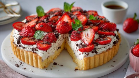 Tortenplatte mit angeschnittener Erdbeer-Stracciatella-Torte