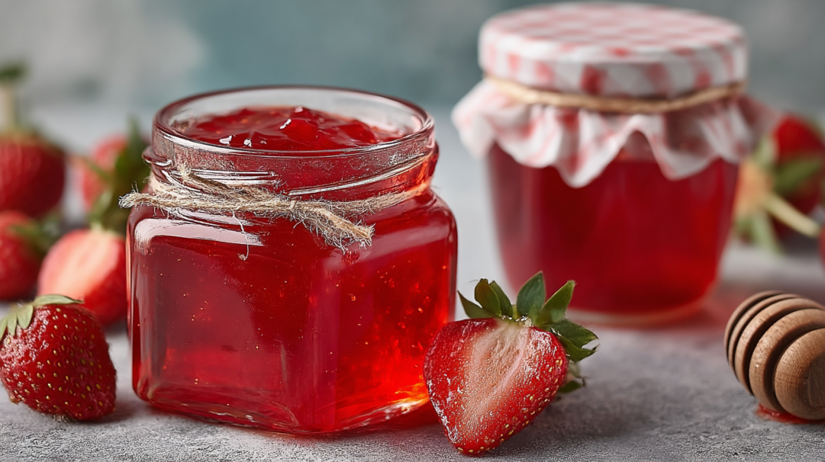 Zwei Gläser Erdbeergelee, drum herum liegen frische Erdbeeren.