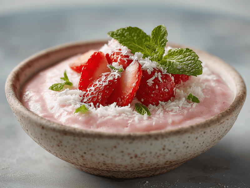 Eine Schüssel mit selbstgemachtem Erdbeerjogurt. Er ist mit geschnittenen Erdbeeren, Kokosraspeln und Minze garniert