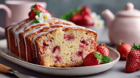 Erdbeerkuchen aus der Kastenform angeschnitten auf einem Teller, garniert mit frischen Erdbeeren und Zuckerguss.