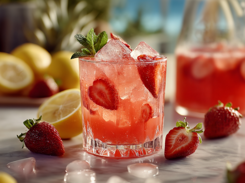 EIne Erdbeerlimonade mit Schuss, angerichtet auf einer Marmorfläche. Um das Glas verteilt liegen ein paar Erdbeeren. Im Hintergrund sieht man geschnittene Zitronen und ein Pitcher mit weiterer Limonade.