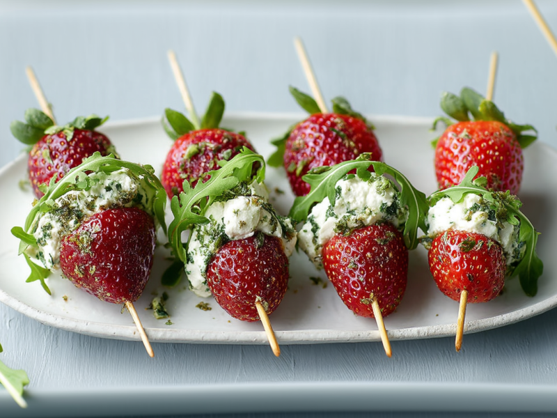 Vier Erdbeerspieße mit Ziegenfrischkäse sind auf einem Snackteller angerichtet. Links und rechts liegen weitere Erdbeeren sowie frischer Rucola neben dem Teller.