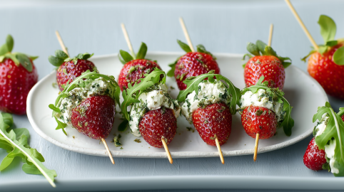 Vier Erdbeerspieße mit Ziegenfrischkäse sind auf einem Snackteller angerichtet. Links und rechts liegen weitere Erdbeeren sowie frischer Rucola neben dem Teller.