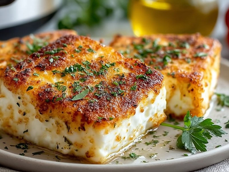 Teller mit einem panierten Feta aus dem Airfryer