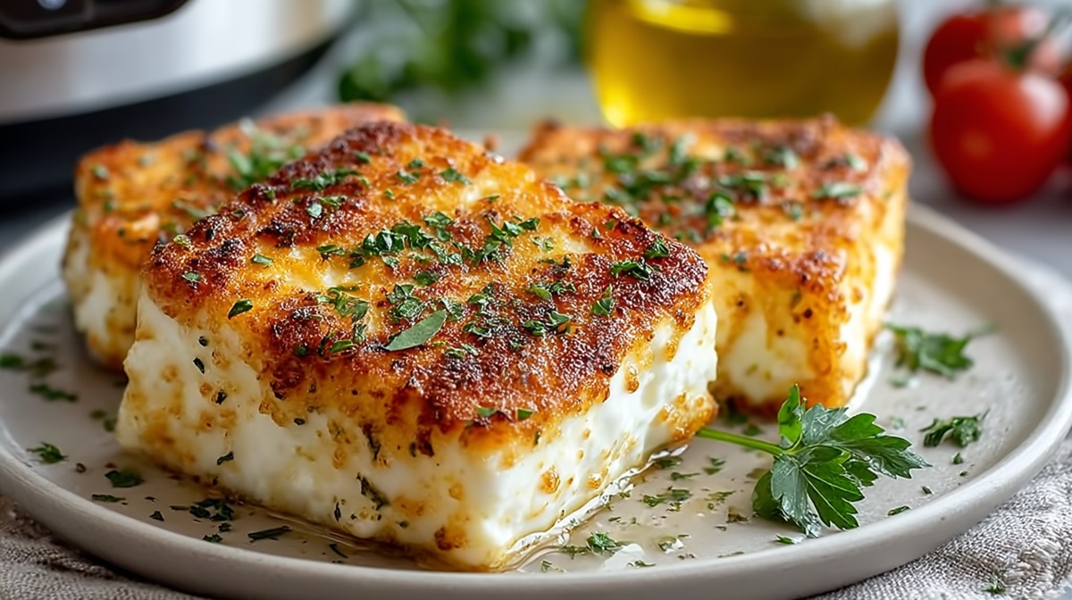 Teller mit einem panierten Feta aus dem Airfryer