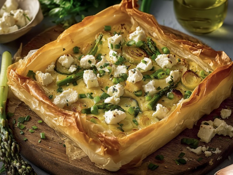 Eine eckige Filoteig-Tarte mit Spargel und Minz-Mandel-Gremolata.