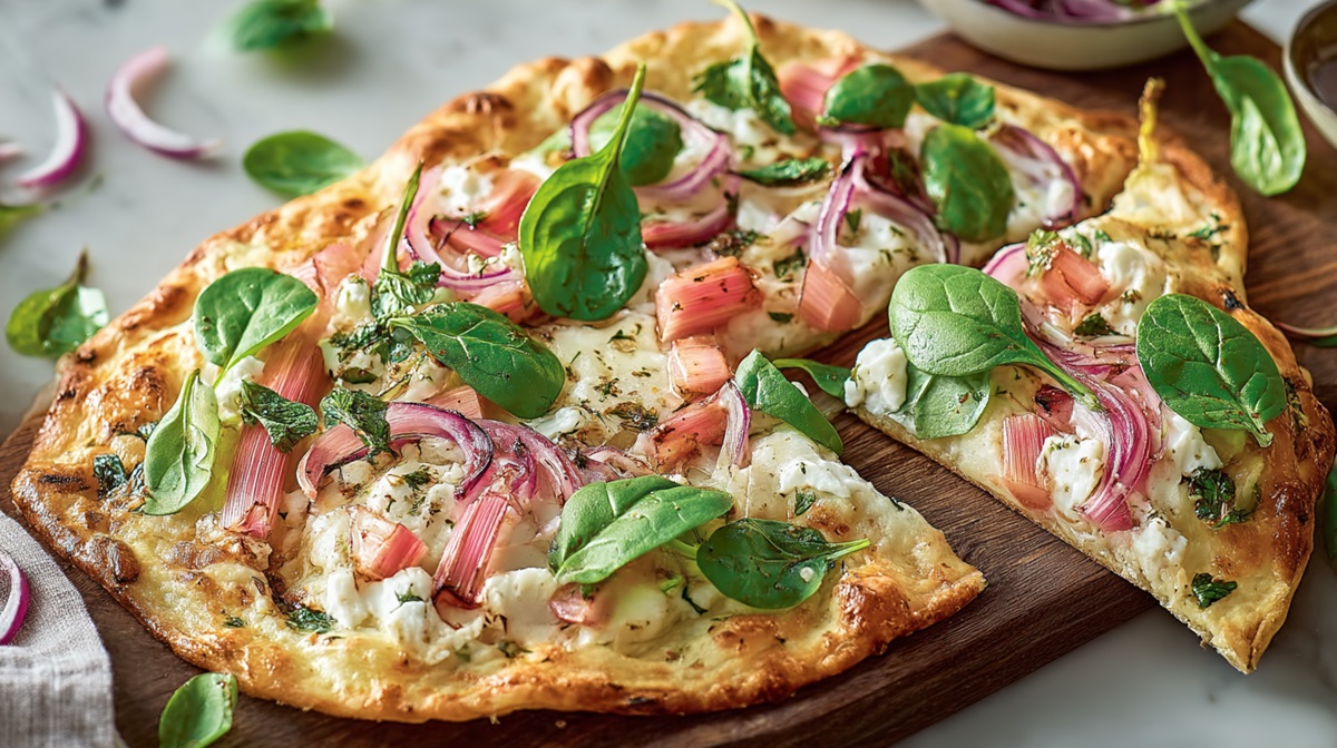 Flammkuchen mit Rhabarber und Ziegenkäse