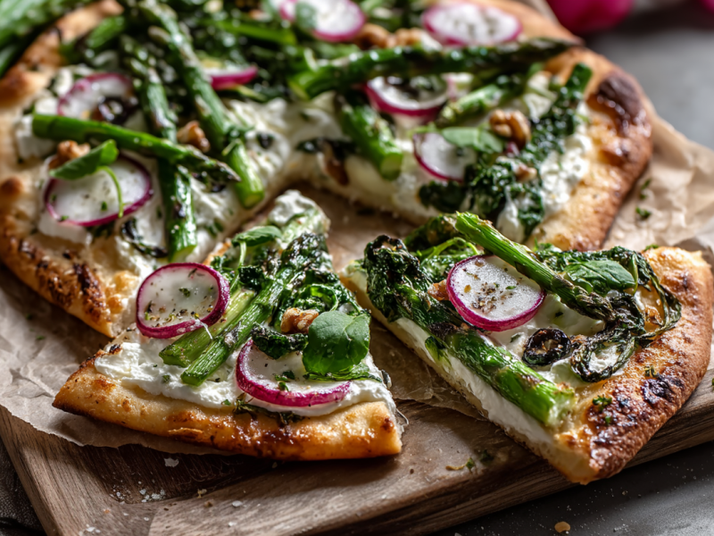 Ein angeschnittener Flammkuchen mit Spargel und Radieschen auf einem mit Backpapier belegten Holzbrett. Hinter ihm liegt noch weiterer grüner Spargel. rechts im Bild liegt ein angeschnittenes Radieschen.