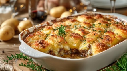 Französischer Kartoffel-Hackfleisch-Auflauf auf einem Tisch mit Zutaten daneben