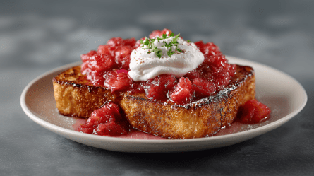 Ein Teller mit French Toast mit Rhabarberkompott und einem Klecks Kokos-Joghurtcreme.