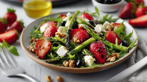 Eine Teller Frühlingssalat mit Erdbeeren und Walnüssen. Neben dem Teller liegt eine Gabel. Im Hintergrund liegen weitere Erdbeeren und eine Flasche Öl.