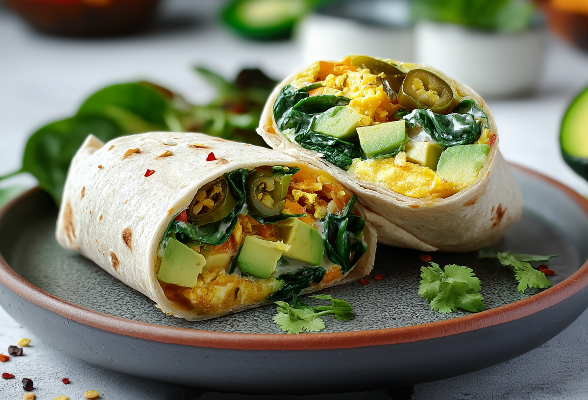 Zwei Frühstück-Burritos mit Jalapeños und Avocado auf einem grauen Teller. Im Hintergrund liegt frischer Spinat und eine angeschnittene Avocado.