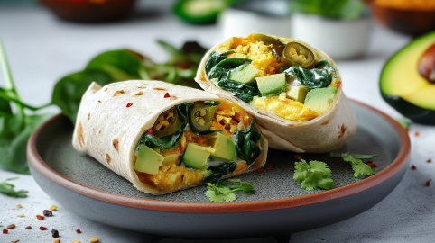Zwei Frühstück-Burritos mit Jalapeños und Avocado auf einem grauen Teller. Im Hintergrund liegt frischer Spinat und eine angeschnittene Avocado.