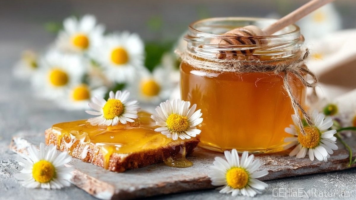 Ein Glas Gänseblümchen-Gelee, indem ein Honiglöffel steckt. Ringsum liegen Gänseblümchen verteilt genauso wie eine Scheibe Brot mit Gänseblümchen-Gelee.