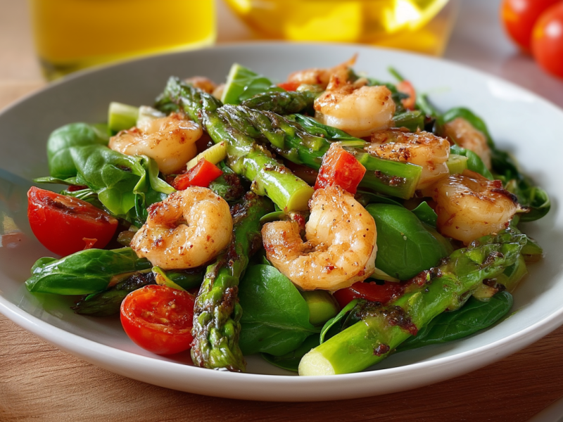 Ein Teller mit Garnelen-Spargelsalat auf einem Holzuntersetzer. Im Hintergrund stehen zwei Flaschen Öl sowie mehrere Tomaten.