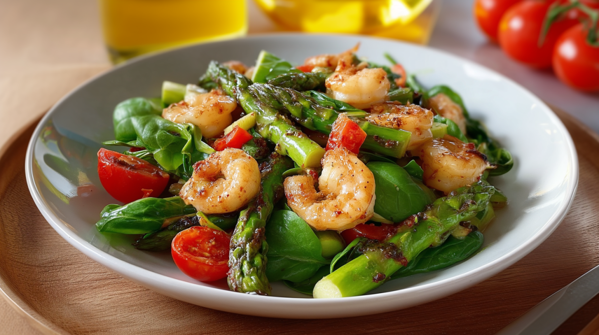 Ein Teller mit Garnelen-Spargelsalat auf einem Holzuntersetzer. Im Hintergrund stehen zwei Flaschen Öl sowie mehrere Tomaten.