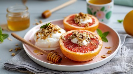 Ein Teller mit gebackener Grapefruit mit Joghurt und Granola. Im Hintergrund kann man ein Honigglas, eine Teetasse und eine Grapefruit erahnen. Der Teller steht auf einem Stoffuntersetzer.