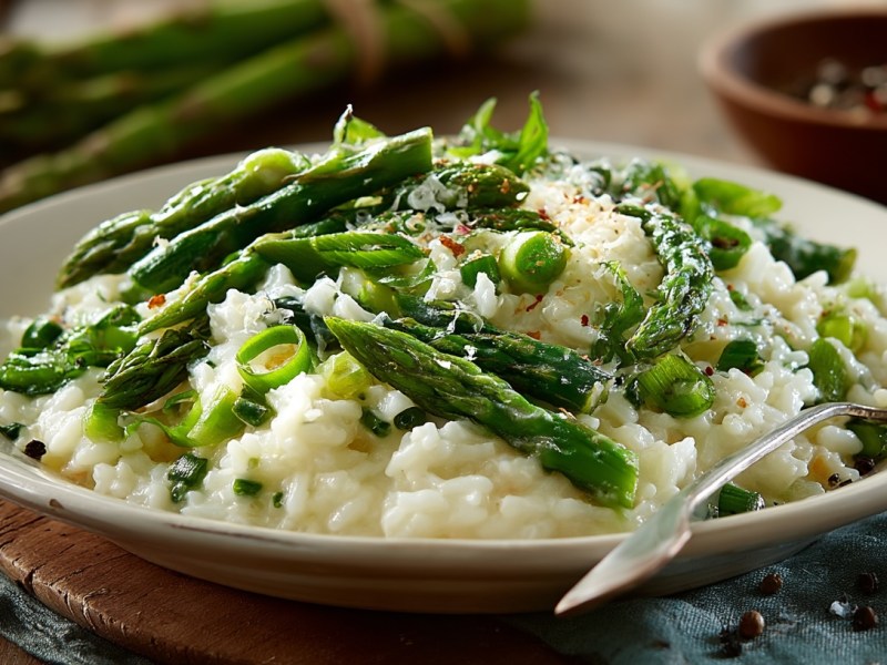 Gebackener Feta-Reis mit Spargel auf einem Teller garniert mit Frühlingszwiebel.