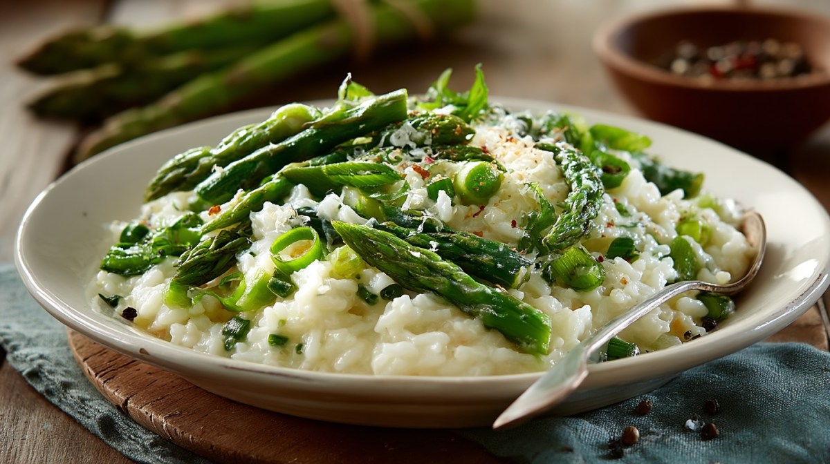Gebackener Feta-Reis mit Spargel auf einem Teller garniert mit Frühlingszwiebel.