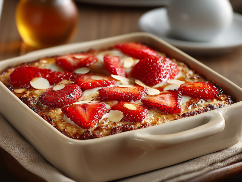 Gebackenes Erdbeer-Porridge in einer kleinen Auflaufform. Im Hintergund steht eine Flasche mit Honig sowie eine Kaffeetasse. Rechts neben der Form liegen zwei Erdbeeren.