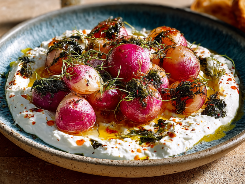 Gebratene Radieschen mit Tofucreme auf einem blauen Teller. Garniert mit Dill.